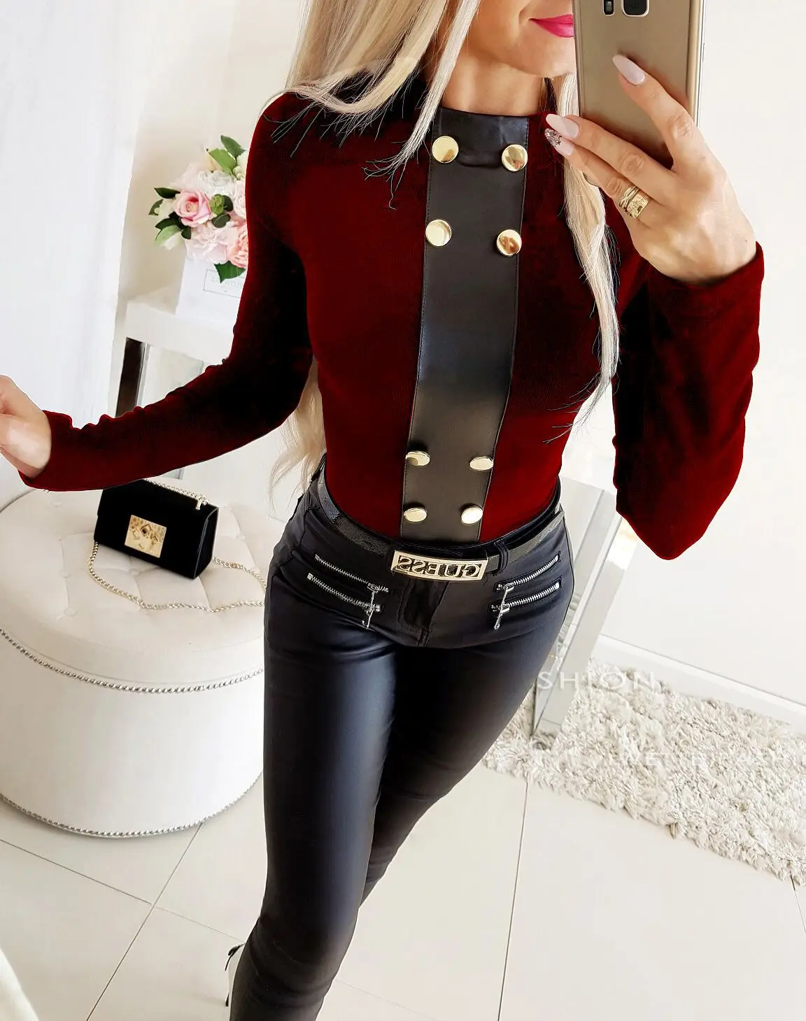

Elegant T-Shirts for Women Streetwear Patchwork O-Neck Long Sleeve Spring Slim Pullovers Top