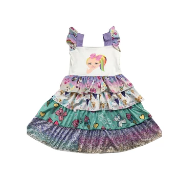 

baby girls ncartoon figure pattern design ruffled sleeve summer dress kids party layered dress free ship