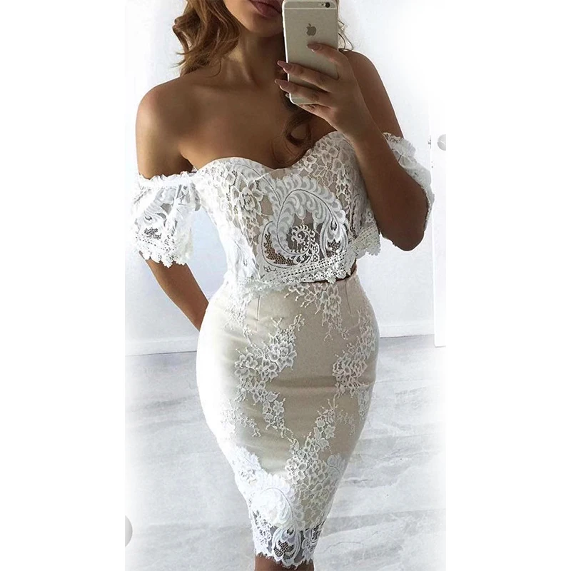 Beige Sexy Hollow Out Lace Date skirt flower Two 2 Piece Set white Bandage strapless off shoulder Casual Party Club Playsuits |