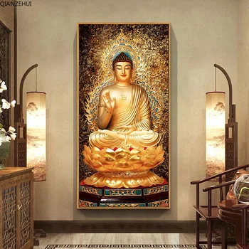 

Diamond Embroidery,Round Diamond Sakyamuni Buddhist Buddha Statue Chinese Golden Sitting Buddha Full rhinestone Diamond painting