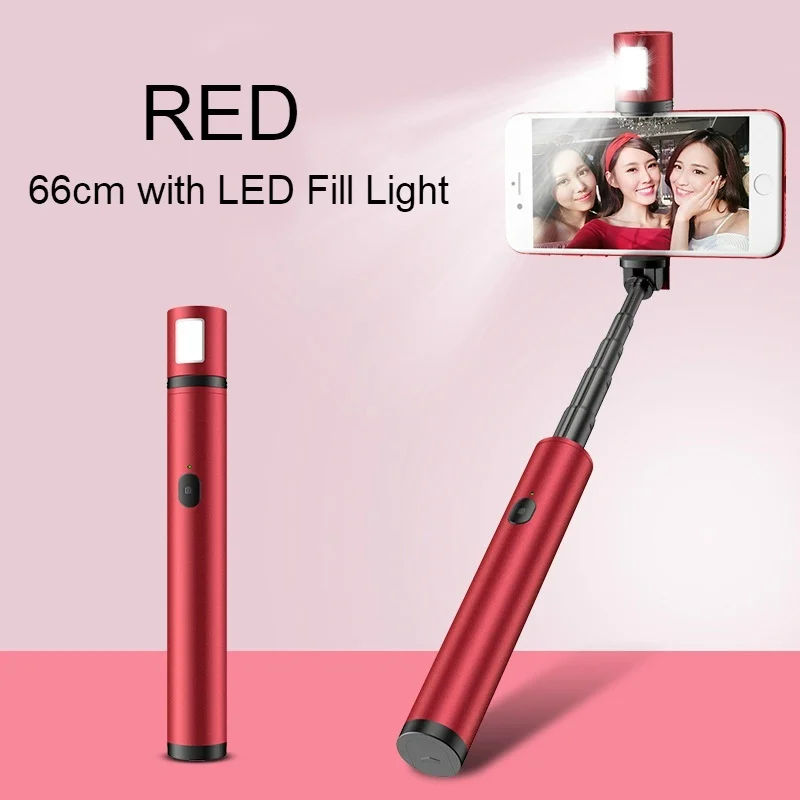 LED Fill Light-Red Универсальный портативный алюминиевый Мобильный телефон Bluetooth селфи палка монопод с светодиодный светильник(опционально - Цвет: LED Fill Light-Red
