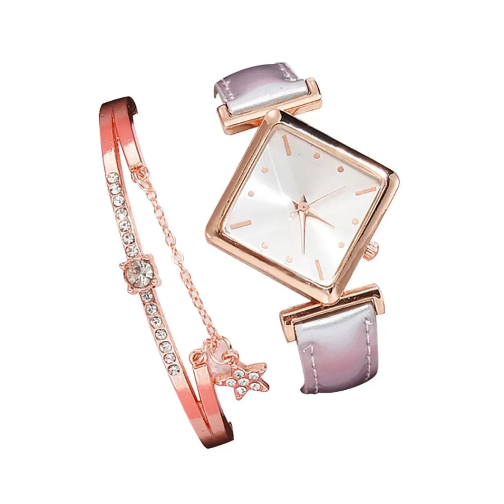 

XR4436 Women Faux Leather Band Square Dial Quartz Watch Star Shape Bracelet Set