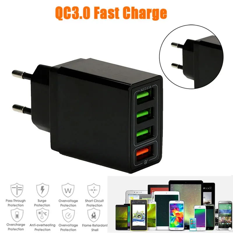 

Universal QC 3.0 4-Port USB Power Adapter Smartphone Tablet Digital Camera AC 100-240V For iPhone 8/X/XS/XR Samsung Huawei