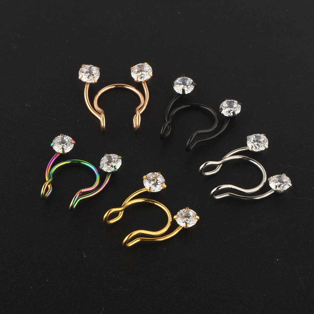 20g Nose Rings Stainless Cz Hoop Earring Hinged Segment Clicker Fake Septum Helix Stud Piercing Body Jewelry 50/100pcs 5 colors