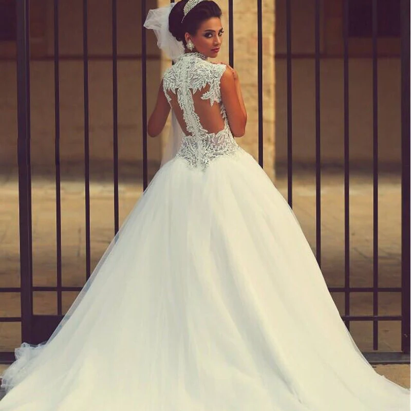 

Embroidery wedding decoration Neckline High Collar Beaded Pearls Sheer Back vestido de noiva casamento Wedding Dresses 2018