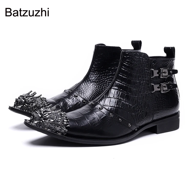 

Ботинки Batzuzhi мужские короткие из натуральной кожи, дизайнерские, с золотым металлическим носком, на молнии, в западном стиле, красные, для вечевечерние