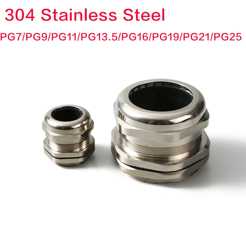 304 Stainless Steel Metal Electric Cable Gland Wire Fitting PG7/PG9/PG11/PG13.5/PG16/PG19/PG21/PG25 Waterproof Wire Connector