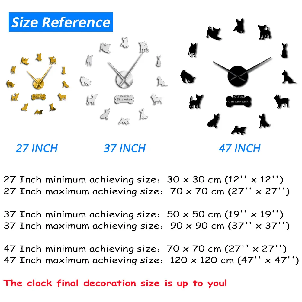 Мексиканская собака порода Чихуахуа DIY 3D акриловые настенные часы с большими часами руки зеркальный эффект цифры наклейка собака домашнее животное гигантские настенные часы