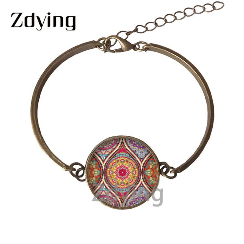 Zdying Ethnic Style Flower Pattern Bracelet Glass Art Picture Cabochon Charm Chain Bangles Bohemia Jewelry For Woman Girls FP070 | Украшения