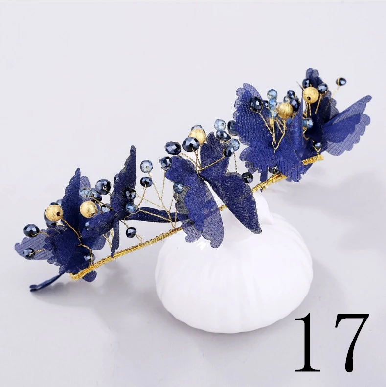 Винтажный женский ободок для волос с кристаллами и жемчугом, тиара с бабочками и цветами, элегантные свадебные украшения, аксессуары для волос для девушек, короны для невесты - Окраска металла: 17 blue