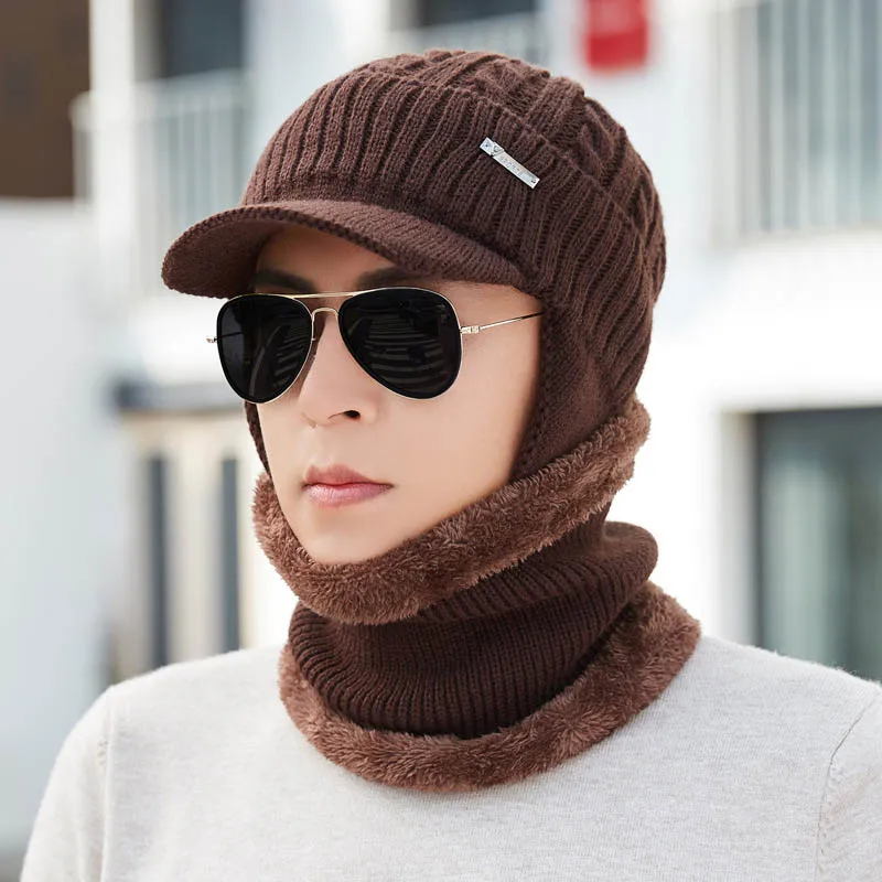 Вязаный Флисовый Шарф, толстая бини зимняя теплая шапка Skullies Beanies, женская модная шапка с ушками, маска, шапки, шерстяные мужские шапки унисекс - Цвет: Coffee Set