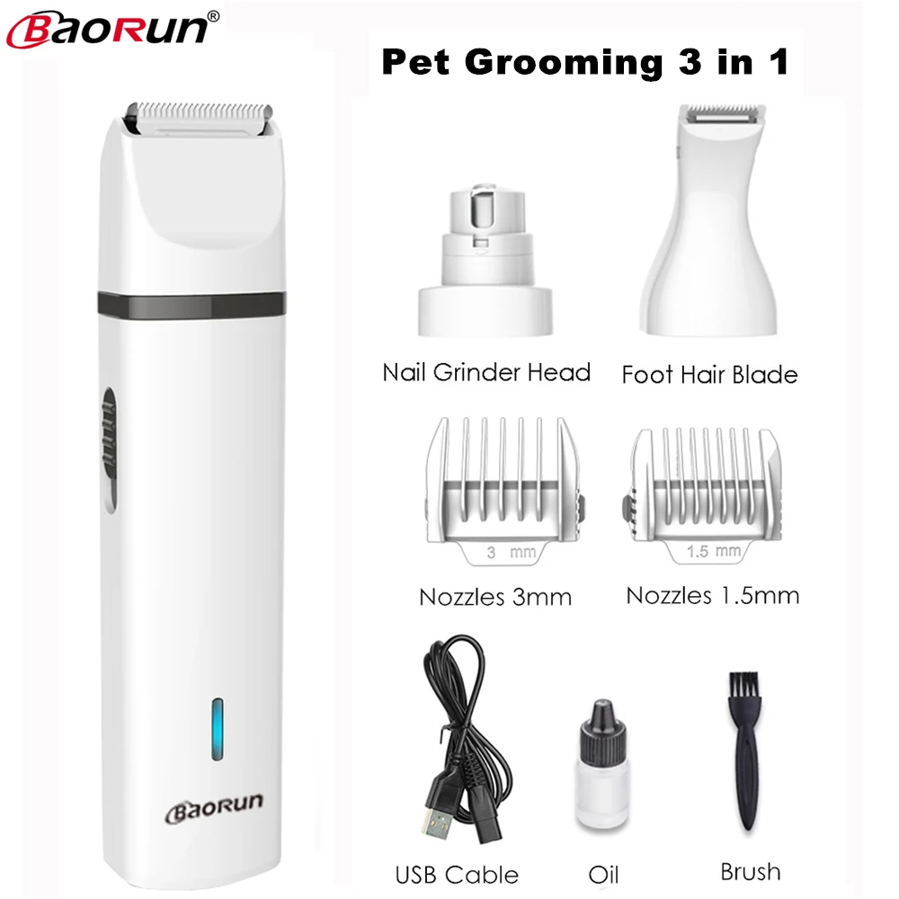 BaoRun 3 IN 1 Pet Grooming Machine Dog Cat Hair Trimmer Paw Nail Grinder Foot Cutting Kit USB Rechargeable Pets Clippers | Дом и сад