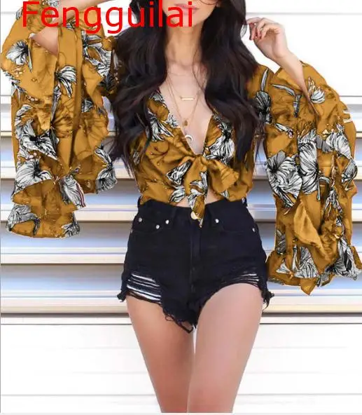 

New Fashion Summer Spring Crop Top Printed Sexy Deep V Neck Tie a Knot Short T Shirt Women Flare Sleeve Loose Tops