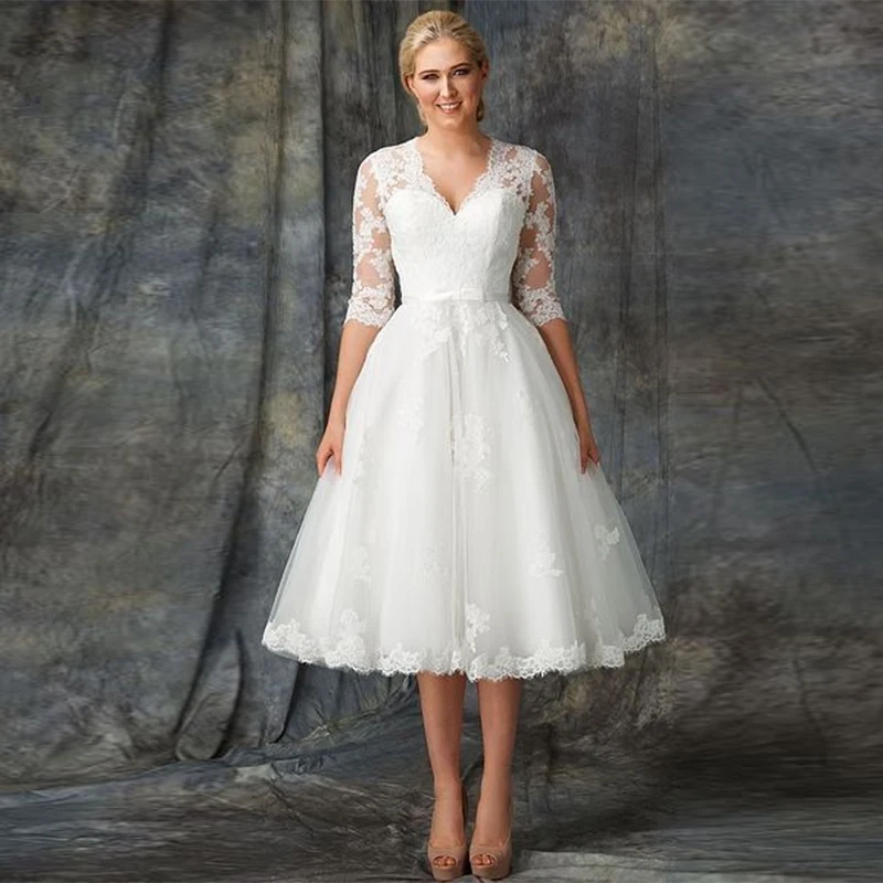 『Cheap!!!』- Short Wedding Dresses 2021 Tea Length Bride Dress V-Neck
Half Sleeves Robe De Mariée Vestido De Novia A-line Elegant Gowns Wed