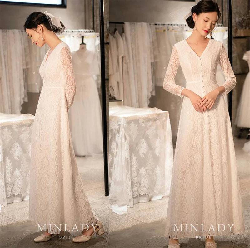 

Lace Simple A-Line V-Neck 3/4 Long Sleeve Vintage Ankle Length Backless Wedding Gown Wedding Dress Bride robe de mariée