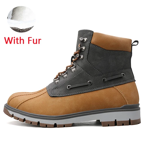 JUNJARM Genuine Leather Men Snow Boots Winter Men Boots Warm Plush Men Ankle Boots Handmade Waterproof Rubber Boots Big Size 47 - Цвет: Brown  with Fur
