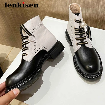 

Lenkisen motorcycle boots real leather mixed colors carving pearl riband thick med heel round toe lace up maiden ankle boots L03