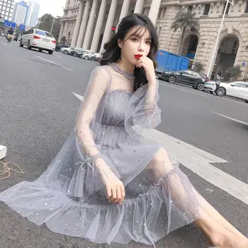 

ICHOIX New shiny women dress sequined transparent loose a line mesh patchwork elegant solid summer dress korean style kimono