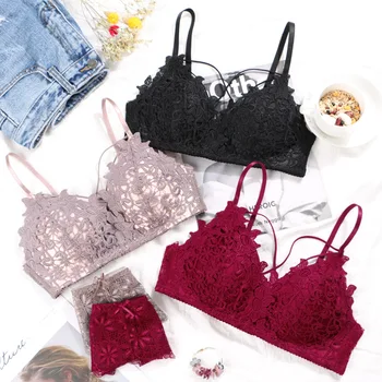 

Japanese-style GIRL'S Non-Steel Ring Bra Set Small Bra Embroidered Sexy Lace Push up Petal Bandage Cloth Seamless Bra