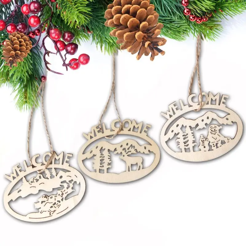 

3Pcs/Set Wooden Christmas Tree Pendants Hollow Elk Santa Claus Hanging Ornaments for Xmas Party DIY Baubles X4YD