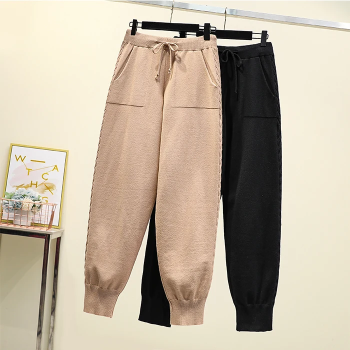 

4xl good quality plus big size panty women spring winter autumn 2020 black loose thin knit haroun casual pants female A5438