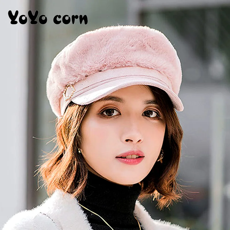YOYOCORN, Стильные Шапки художника, художника, газетчика, черная, серая, берет, шапки, новинка, мех кролика, женский берет, Осень-зима, восьмиугольная шапка