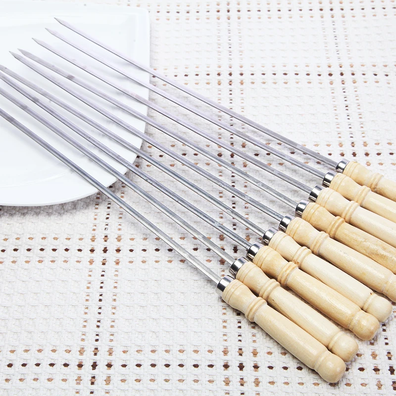 Stainless steel barbecue mutton skewer BBQ iron needle outdoor grill meat tool 50pcs flat 50pcs round 10pcs wood stick set