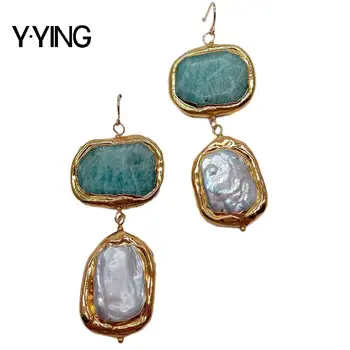 

Y·YING White Rectangle Keshi Pearl Amazonite gold color plated dangle Hook Earrings ethnic style for women