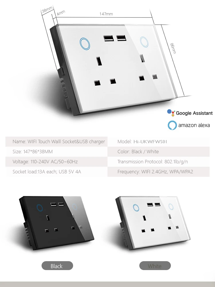 ASEER UK двойной usb wifi розетка 13A, сенсорное стекло wifi розетка, wifi настенная розетка с usb разъемом, совместимая alexa, google assistant