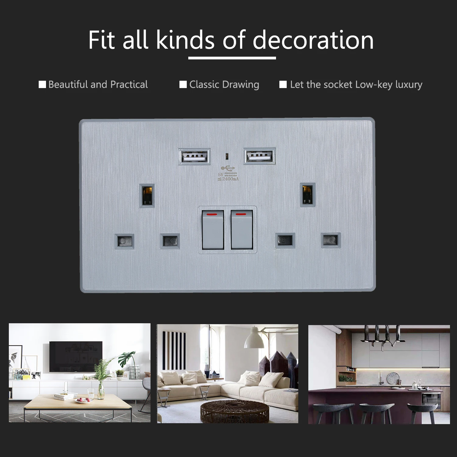 Wall Socket 2 Gang Dual Plug Socket 13A with 2 5V 2.4A USB Port Wall Switched Outlete UK Standard