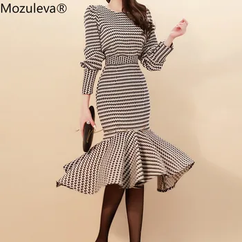 

Mozuleva 2019 Korean Puff Sleeve Grid Crop Top & Mermaid Bodycon Slim Waist Skirt OL Set Spring Women Lattice 2-Piece Suits