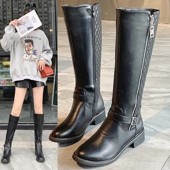

Plus Size 35-53 Nice Pop Knee High Rain Boots Women Autumn Fashion Zipper Shoes Woman Square Med Heels Female Grid Wild Boot