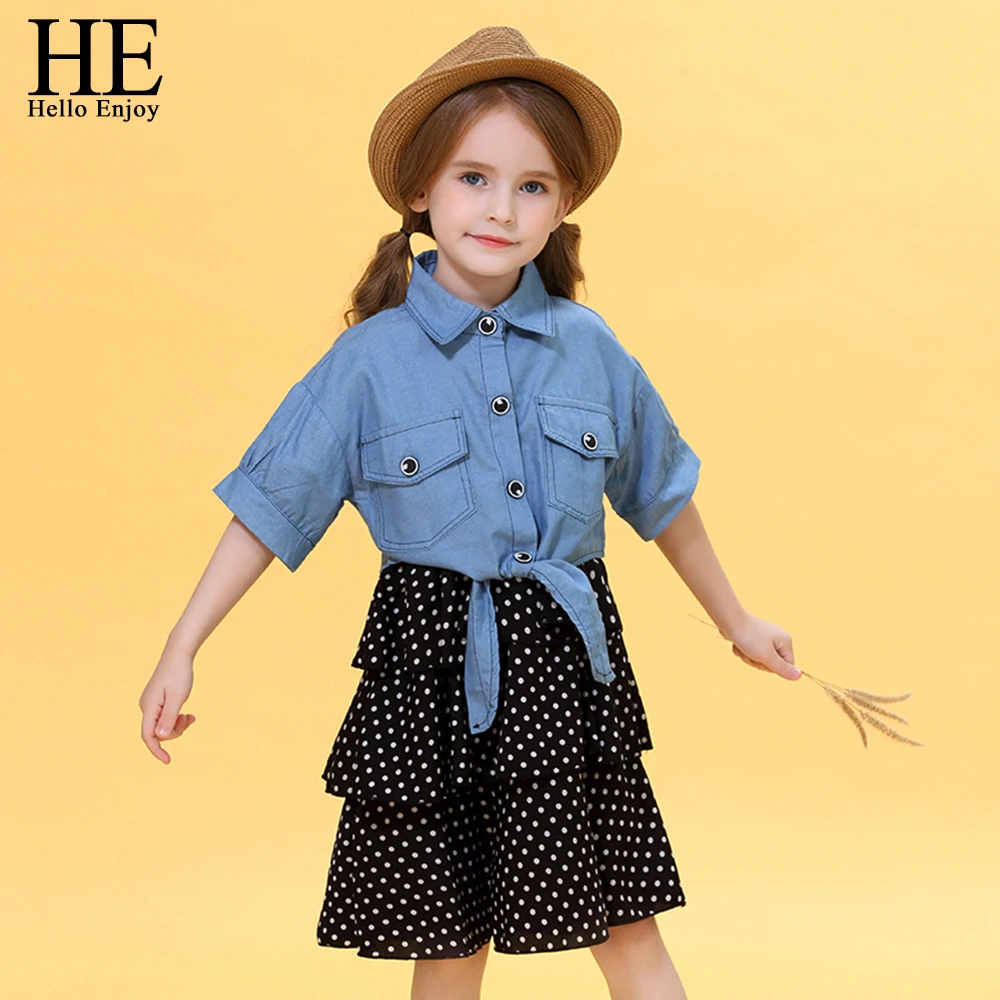 

HE Hello Enjoy Baby Girls Spring Clothes Sets Bow Polka Dot Suspender Skirt + Denim Jacket Toddler Kids Children Cute Clothing