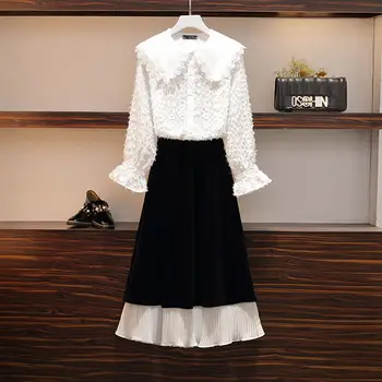 

2020 Spring New Large Size Women's Suit Lace Shirt And Skirt Two Piece Set Fashion Summer White Tops Ruffle Skirt OutfIt R351