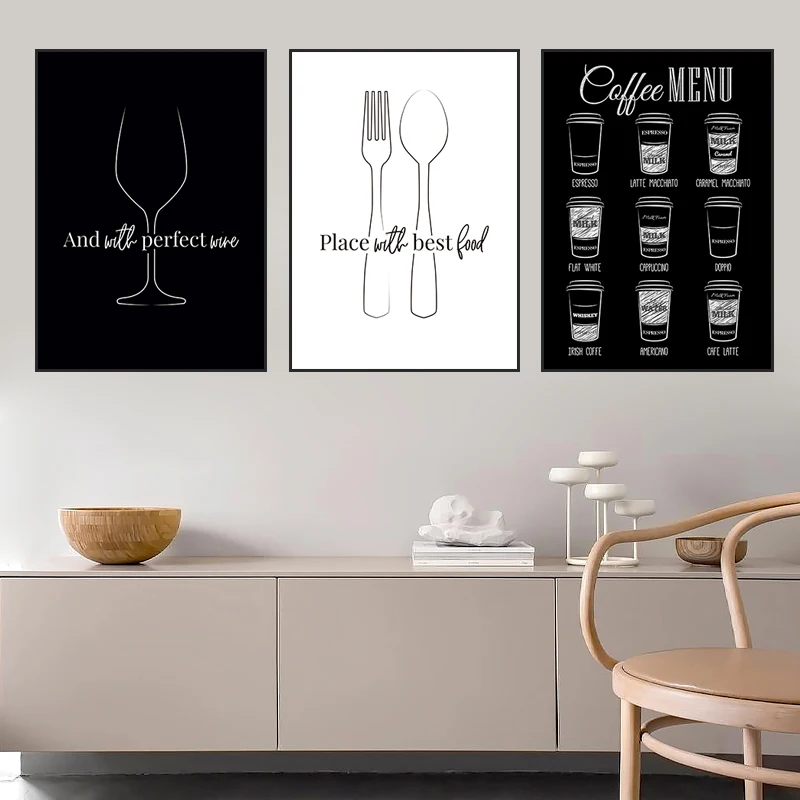 Black White Kitchen Picture Canvas Painting Wine Coffee Quote Wall Art Print Poster Dinnerware Home Decor For Living Room HD3050