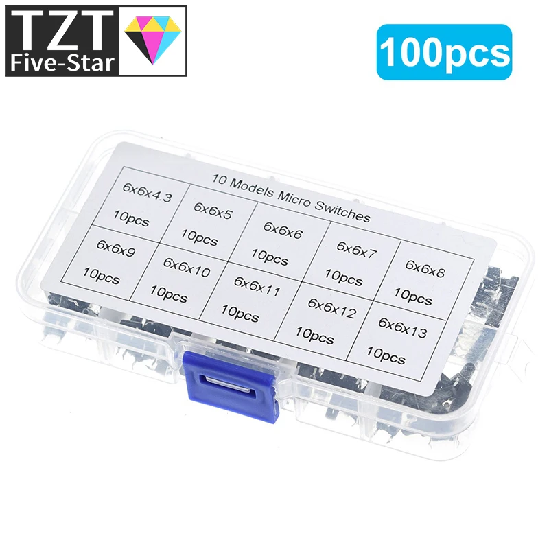 100/200 Stück 6*6 Taktschalter, taktiler Drucktastenschalter, Höhe: 4,3 mm ~ 13 mm, DIP 4P Mikroschalter, 6 x 6 Tastenschalter TZT – Detail 4