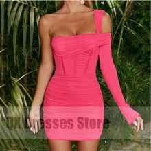 Rosa de um ombro sem alças mini vestido sexy sem costas bainha sereia moda feminina sexy noite clube festa 2022 feito sob encomenda