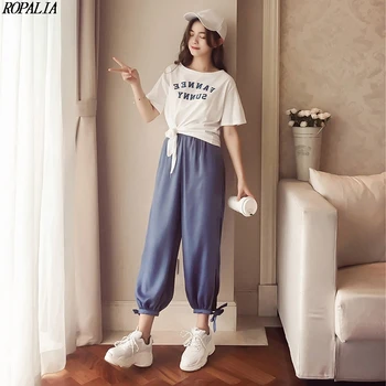 

2 Pieces Sets Women Short Sleeves O-Neck Letter Print Pullover T-shirt + Solid Ankle-Length Elastic Waist Pants