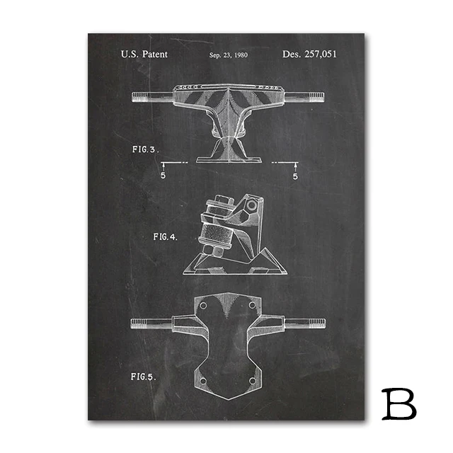 Двойной кик скейтборд патент Холст Плакаты и принты Конькобежец печать живопись чертеж Искусство Плакат Настенные картины спортивный Декор - Цвет: B