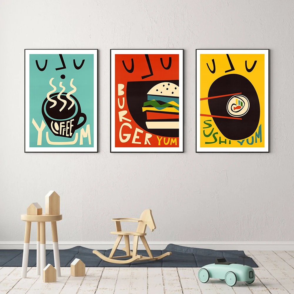 Cartoon Funny Food Poster Yum Coffee Pizza Ramen Sushi Burger Print Canvas Painting Club Bar Shop Kitchen Wall Pictures Decor