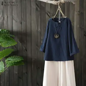 

ZANZEA Women Tops and Blouses 2020 Spring Vintage Chinese Button Solid Shirt Female Casual Cotton Long Sleeve Tunic Blusas 5XL 7