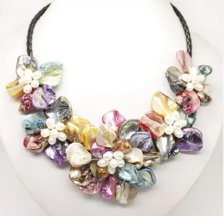 Stunning Multicolor Freshwater Pearl Sea Shell Flower Leather Necklace 18"