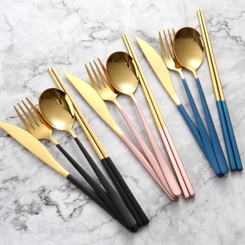 

Stainless Steel Cutlery Set Reusable 4 Pcs Black Gold Metal Steak Knife Fork Spoon Dinnerware Set Western Tableware Set MM60CJ