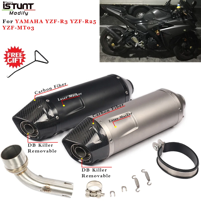 Slip on For YAMAHA YZF-R3 YZF-R25 YZF-MT03 Motorcycle Exhaust System Carbon Fiber Muffler Escape Modified Middle Link Pipe |
