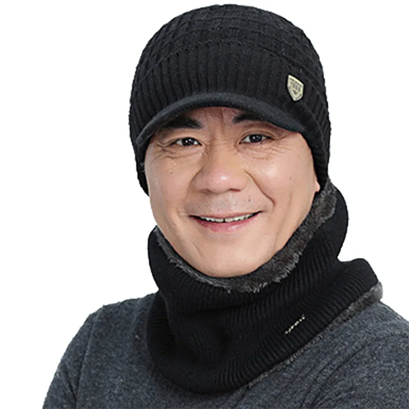 Зимняя шапка, шарф Skullies Beanies для мужчин, вязаная шапка, женская маска, толстая Балаклава, ушанка, шерстяной берет, мужская шапка - Цвет: Black