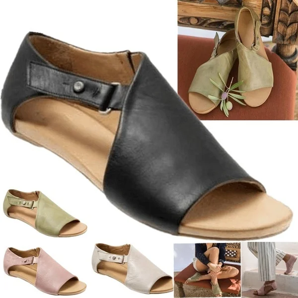 

2019 Fashion Women Summer Shoes Leather Flat Sandals Buckle Strap Slippers Fish Mouth Sandals Women's Casual Plus Size Flat Shoe