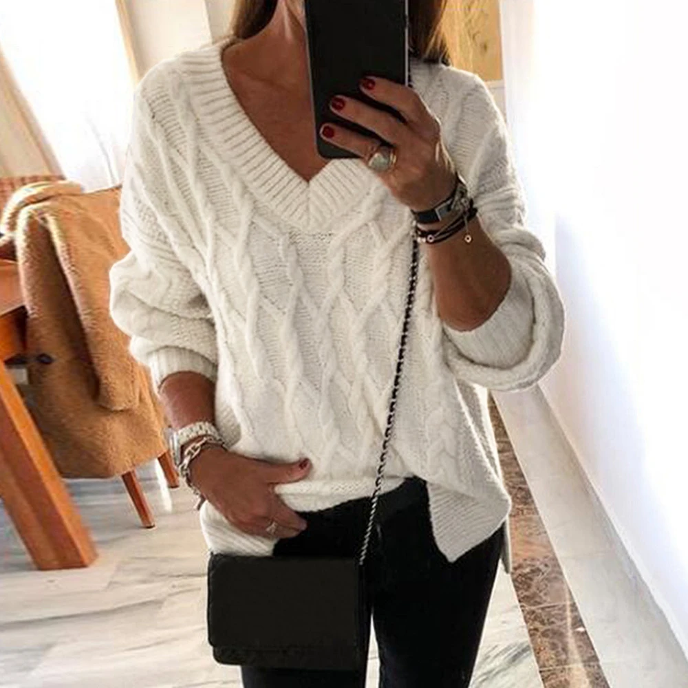 

2020 Fashion Sweater Women V-neck Weaving Knitted Sweater Female Elastic Cuff Elegant Loose Casual Autumn Mujer Tops