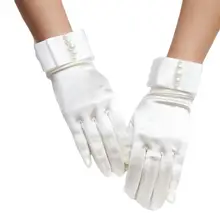 Свадебные атласные Короткие перчатки с жемчугом и бусинами, двухслойные рукавицы с бантом для выпускного вечера
