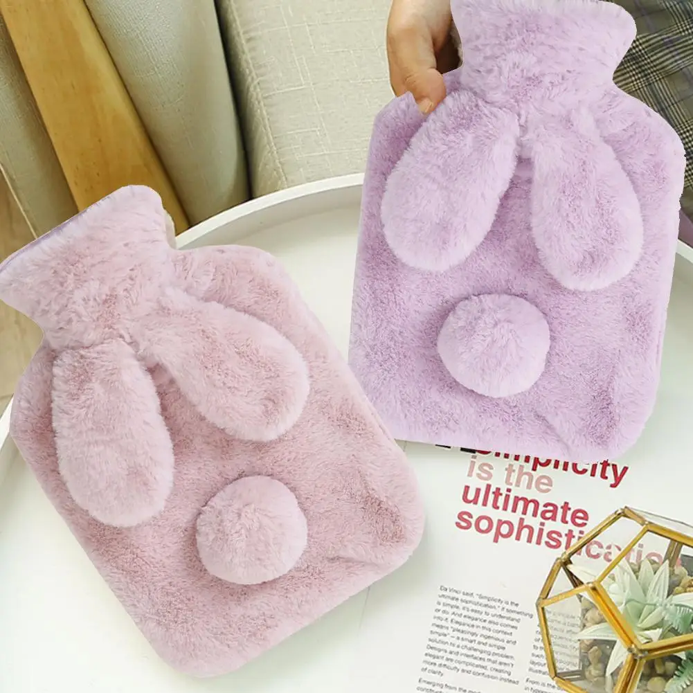 

1PC/Set Rabbit Ear Thin Water Injection Hot Water Bottle Winter Warm PVC Anti-Hot Leakproof Plush Cashmere Hand Warmer