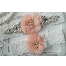 1 пара, винтажные свадебные подвязки, стразы, подвязки для ног, подвязки, белые эластичные кружевные подвязки с персиковым шифоновым цветком, Свадебные Подвязки для невесты